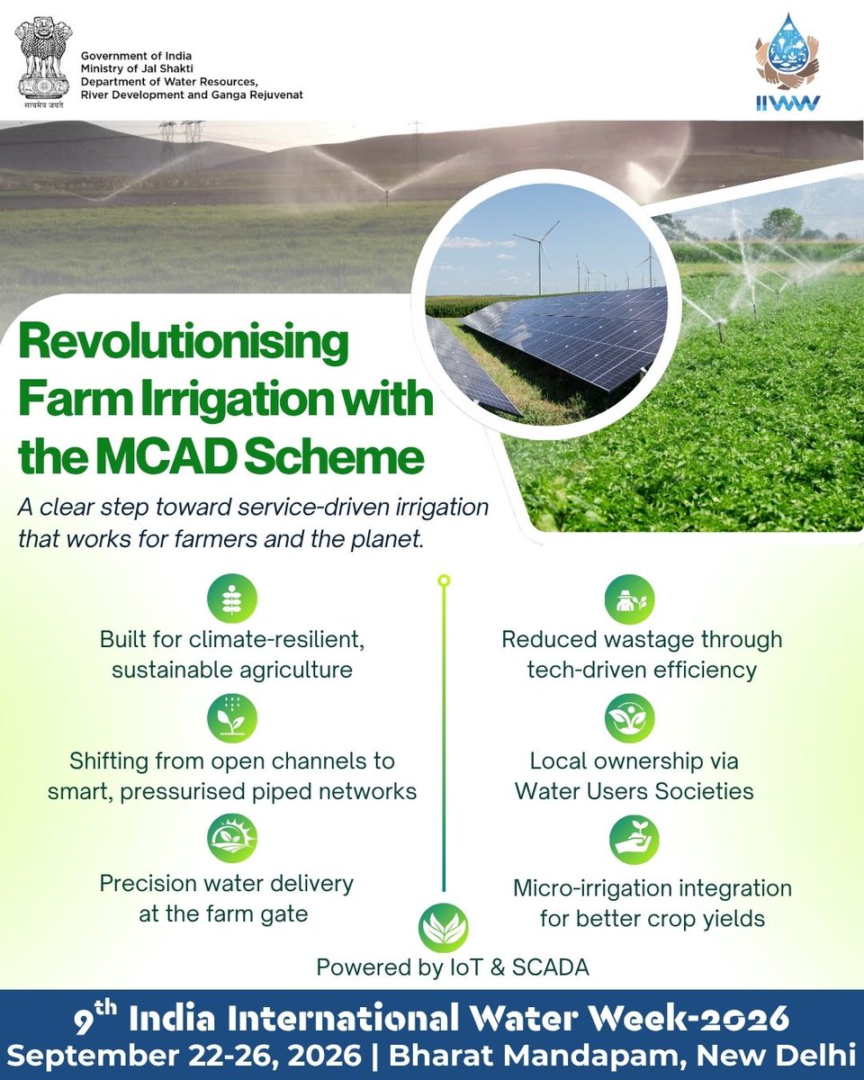 IIWW_Official's tweet photo. MCAD is reshaping irrigation with piped networks, IoT & SCADA, delivering measured, efficient water at the farm gate. Strengthening productivity, accountability & climate resilience.
Join the dialogue at #9thIIWW2026, Bharat Mandapam, 22–26 Sept.
#9thIIWW2026 #IrrigationReforms https://t.co/mfeI0UsvHo