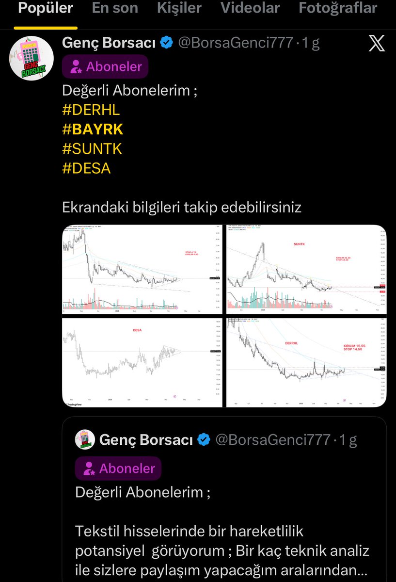 BorsaGenci777's tweet image. 🔐Abonelikte Paylaşım 

Dün Tekstil  Hisselerinde potansiyel görüyorum diye bir paylaşım yaptım. 

Bugün

 #SUNTK TAVAN 
#DESA %7,50
#DERHL %3,30 ( TAVAN GÖRDÜ) 
#BAYRK %3
