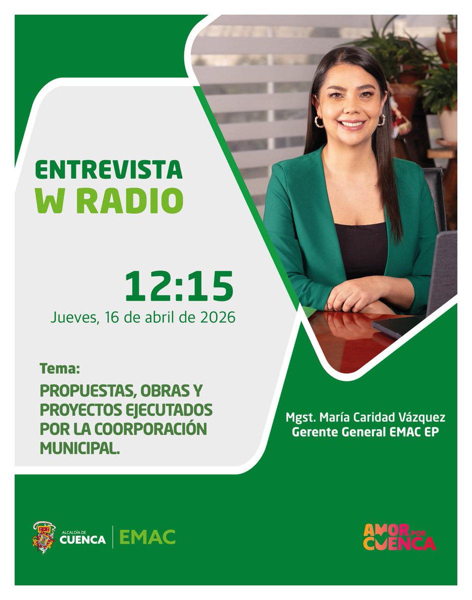 emac_ep's tweet photo. Una ciudad que avanza se construye con hechos y con transparencia.

Este jueves a las 12:15, acompáñanos en W Radio y conoce de cerca los proyectos que están transformando Cuenca.
Tu ciudad, tu información.

#AmorPorCuenca ❤️💛

@czamoramatute 
@MunicipioCuenca https://t.co/gcngBAclyg