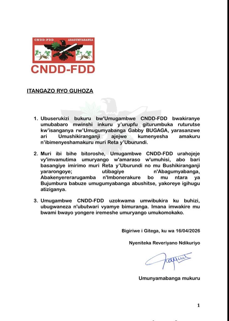 Itangazo ryo guhoza risohowe n'umugambwe <a href="/CnddFdd/">CNDD-FDD</a> Inyuma y'urupfu giturumbuka rw'umugumyabanga akaba n'umushikiranganji wo kumenyesha amakuru Gabby Bugaga.<a href="/R_Ndikuriyo/">Ndikuriyo Révérien</a> <a href="/DorianeMunezero/">Doriane Munezero🇧🇮</a>