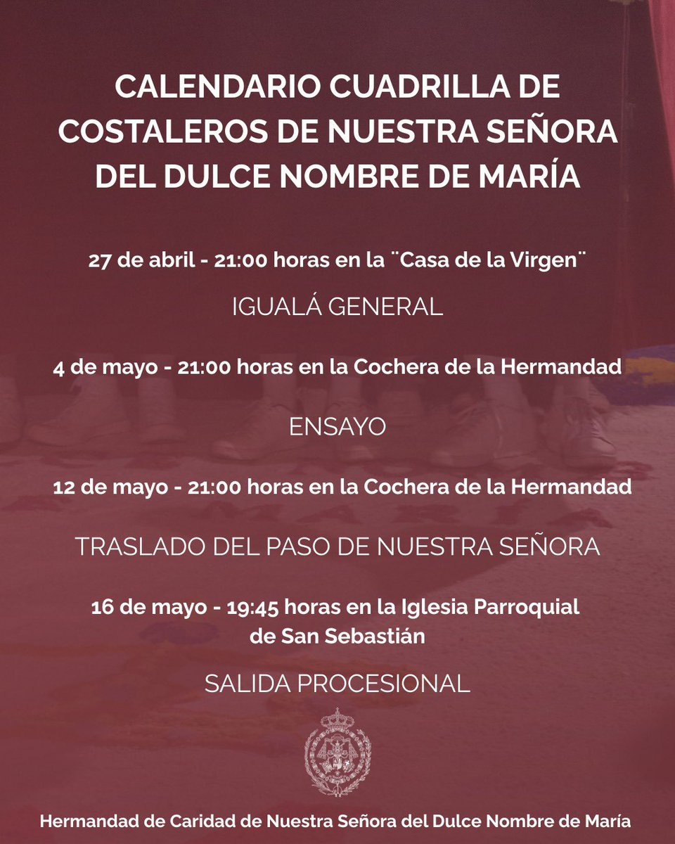 𝐂𝐚𝐥𝐞𝐧𝐝𝐚𝐫𝐢𝐨 𝐝𝐞 𝐥𝐚 𝐜𝐮𝐚𝐝𝐫𝐢𝐥𝐥𝐚 𝐝𝐞 𝐜𝐨𝐬𝐭𝐚𝐥𝐞𝐫𝐨𝐬 𝐝𝐞 𝐍𝐭𝐫𝐚. 𝐒𝐫𝐚. 𝐝𝐞𝐥 𝐃𝐮𝐥𝐜𝐞 𝐍𝐨𝐦𝐛𝐫𝐞 𝐝𝐞 𝐌𝐚𝐫𝐢𝐚:

#Charitas #DulceNombre