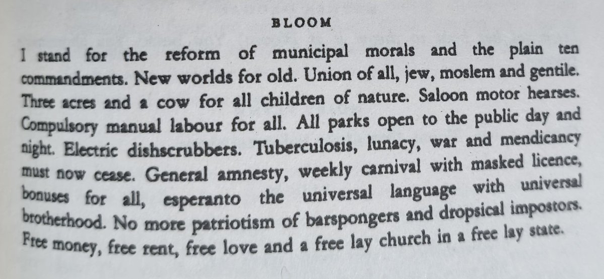 Day 14 of reading Ulysses, Circe (1/2).

This is by far the longest chapter and it also seems to be Joyce at his most metaphysical and satirical. A psychedelic experience so far, certainly loving Bloom's extensive characterization too. Looking forward to the second half.