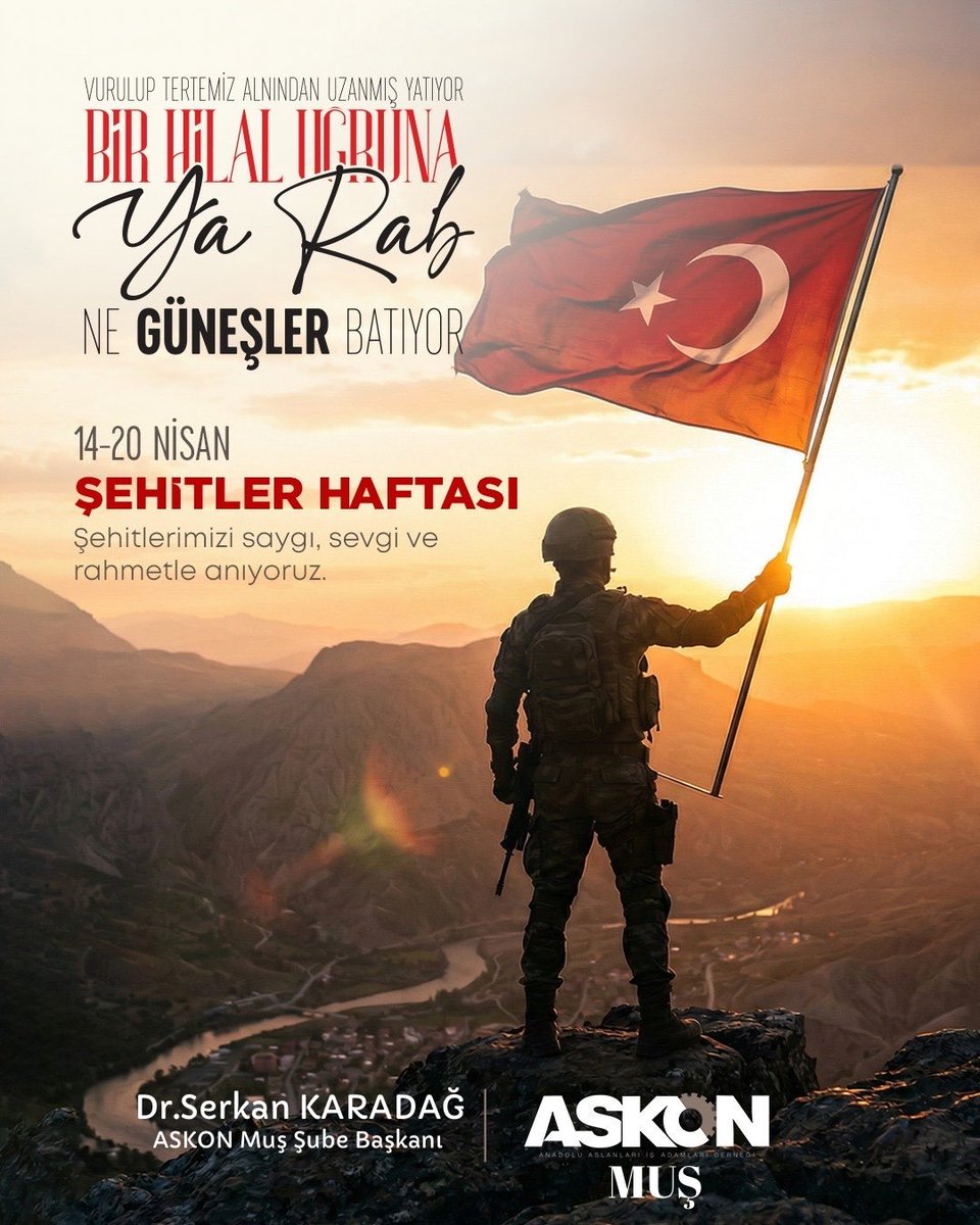 Vurulup tertemiz alnından uzanmış yatıyor,
Bir hilal uğruna ya Rab ne güneşler batıyor.
14-20 Nisan Şehitler Haftasında tüm şehitlerimizi saygı, sevgi ve rahmetle anıyoruz.

#ŞehitlerHaftası
<a href="/RTErdogan/">Recep Tayyip Erdoğan</a> 
<a href="/eminsimsekmus/">Mehmet Emin Şimşek</a> 
<a href="/orhanaydin/">Orhan AYDIN</a> 
<a href="/ASKON/">ASKON 🇹🇷</a> 
<a href="/Volkan_Khrmn08/">Volkan Kahraman</a> 
<a href="/mnecatiisik/">Mustafa Necati IŞIK</a>
<a href="/ffakkaya/">Fatih Furkan AKKAYA</a>