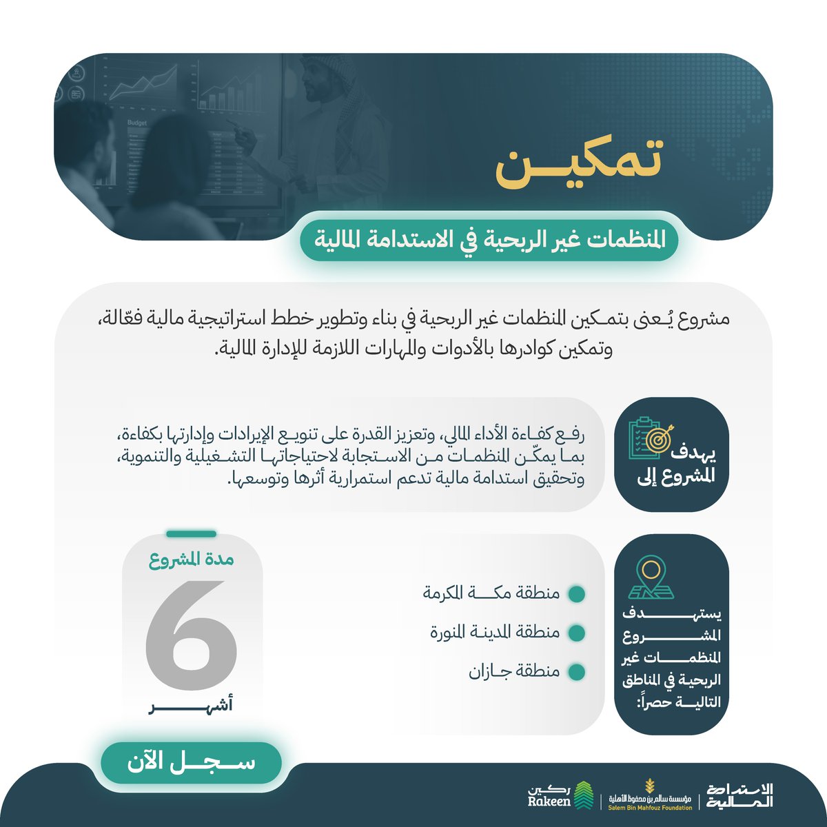Rakeenksa's tweet photo. المنظمات التي لا تبني استدامتها المالية تبقى رهينة للظروف.

مشروع تمكين المنظمات غير الربحية في الاستدامة المالية ينقل منظمتك من البحث عن الدعم إلى صناعة الموارد.

* للمنظمات غير الربحية في مناطق (مكة | المدينة | جازان) 
* التسجيل ينتهي في 30 أبريل  

سجّل الآن🚀 ..