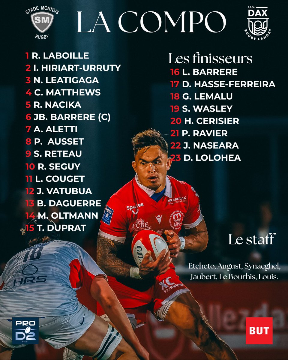 usdaxrugby's tweet image. 𝗟𝗔 𝗖𝗢𝗠𝗣𝗢 𝗗𝗨 𝗗𝗘𝗥𝗕𝗬 𝗔𝗩𝗘𝗖 BUT Saint Paul Les Dax 🔴⚪

Voici la composition Dacquoise pour ce derby landais face au @SMR_Rugby pour la 27ème journée de @rugbyprod2 !

#usdax #derby #composition