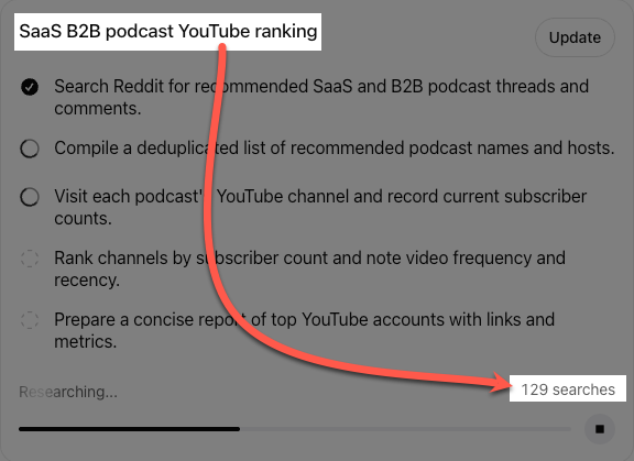 ChatGPT just performed 129 searches for me in 10 minutes. 

This is why I believe the future of SEO is agentic. People are going to have AI search on their behalf.