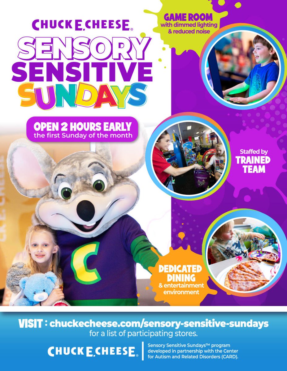 centerforautism's tweet image. We’re excited to partner with Chuck E. Cheese for Sensory Sensitive Sundays! 🎉

Enjoy a calmer, more inclusive environment designed for individuals with sensory sensitivities. 💙

Join us in creating fun, welcoming experiences for all!

#AutismAcceptance #SensoryFriendly #CARD