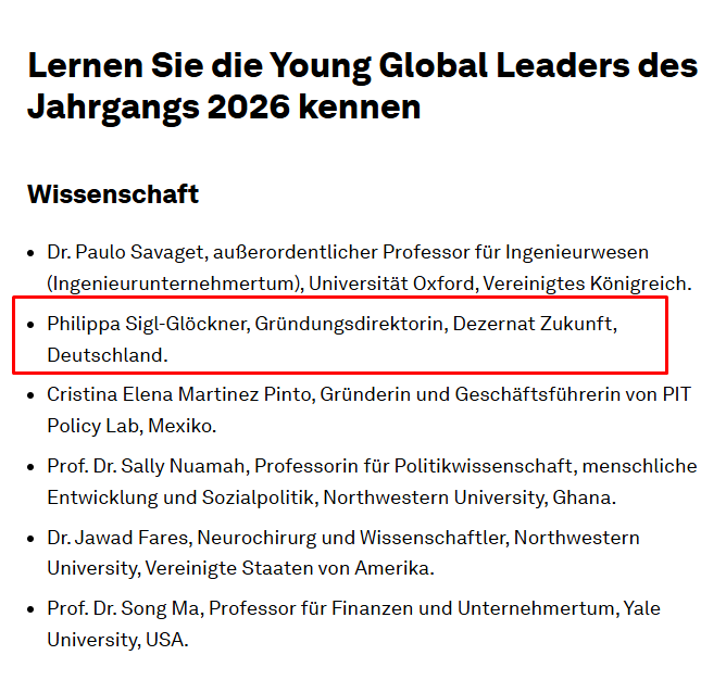 BTom1974's tweet photo. Philippa Sigl-Glöckner hat den Lehrgang der WEF Young Global Leaders 2026 erfolgreich abgeschlossen.

Quelle: WEF 
#EpsteinKomplex https://t.co/5lCCtAYEmz