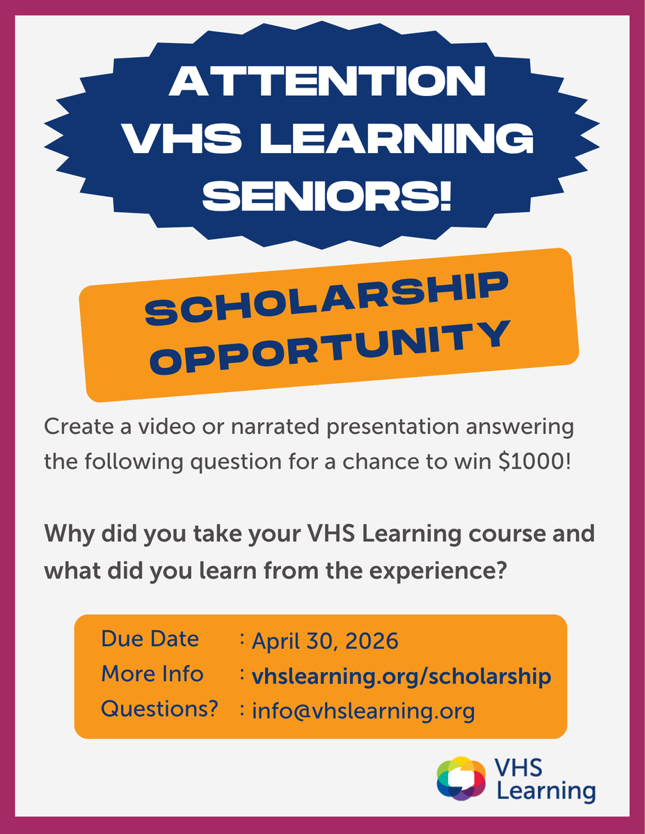 VHSLearning's tweet image. Attention VHS Learning seniors! 🎓📚 Send in your scholarship video submissions for a chance to win $1000! 💰 For more information, check out our website at vhslearning.org/scholarship!

#Scholarships #studentsuccess #onlinelearning #education #onlinecourses