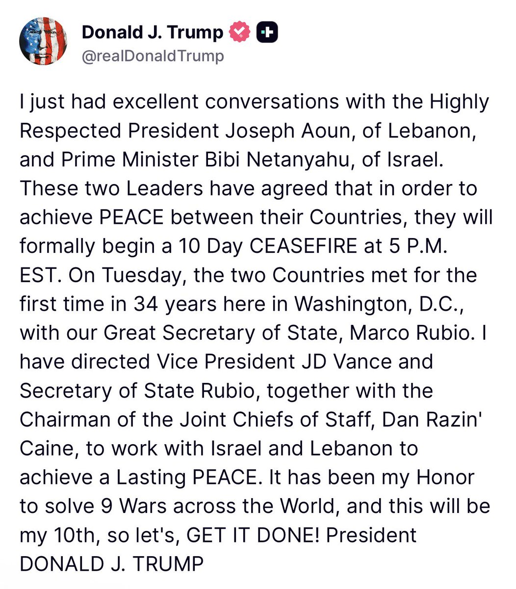 HibaNasr's tweet photo. ‼️ Trump says a ceasefire will be in place today in #Lebanon at 5 PM ET , 00:00 ET . https://t.co/hvxZNpQ9cT