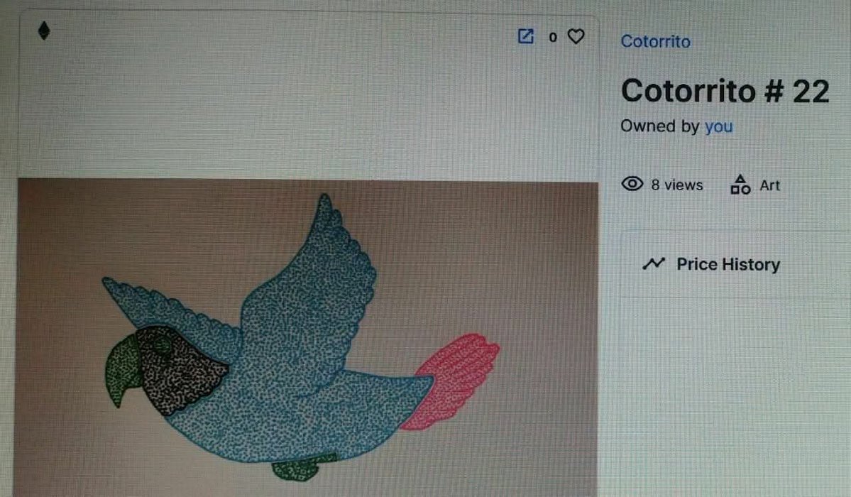 🔥🔥🔥🔥 Collection "Cotorrito". Cotorrito # 22
Design: Handmade drawing
Blockchain: Ethereum
Colors: Dark green, black, light blue, pink.

opensea.io/collection/cot…

#opensea
#NFT
