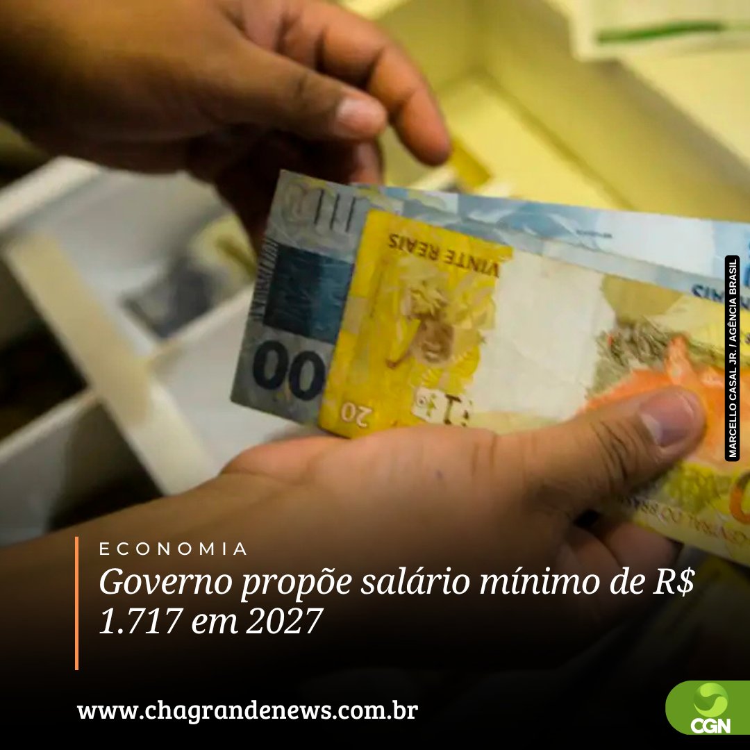 O governo federal propôs um salário mínimo de R$ 1.717 para o ano que vem, com aumento nominal de 5,92%. O valor consta do Projeto da Lei de Diretrizes Orçamentárias (PLDO) de 2027, enviado nesta quarta-feira (15) ao Congresso Nacional.