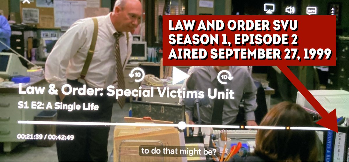 LectorShannibal's tweet photo. This aired September 1999, Epstein’s name is right there on the binder on Detective Benson’s desk! 1999!!!!!!!! https://t.co/iLiSdXGUHa
