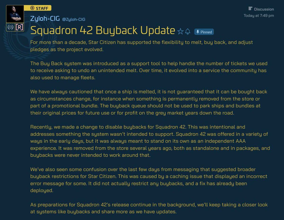 CIG has finally responded to the Squadron 42 Buybacks and the new message shown when melting your pledges!

Original post at the link in the comments

#StarCitizen