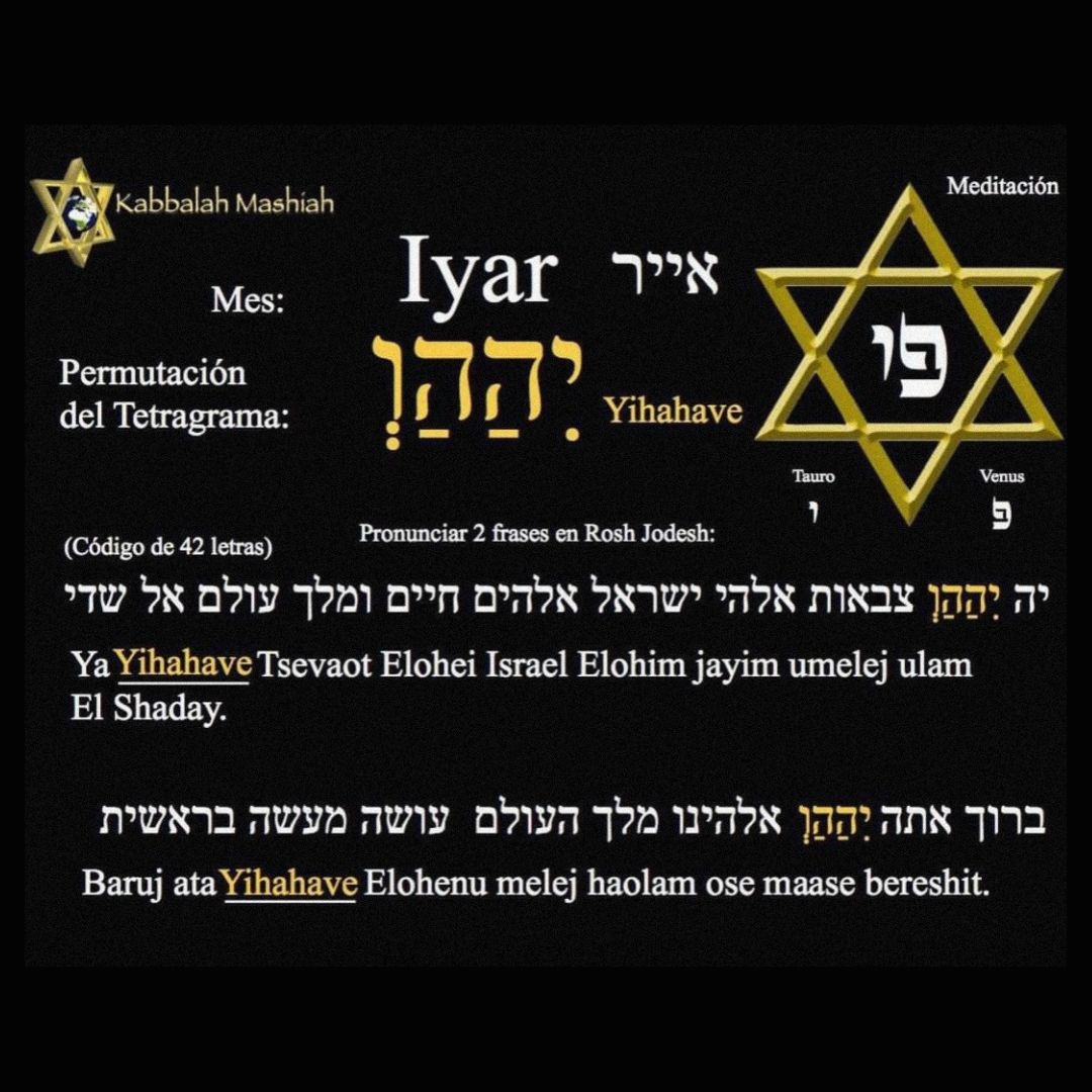 KabbalahMashiah's tweet photo. ¡Rosh Jodesh Tov!

Esta noche empezamos un nuevo mes: el mes de Iyar.

Rosh Jodesh Iyar empieza esta noche 16 de Abril y dura dos días, finalizando el Sábado 18 de Abril por la noche. 
Aquí está la permutación del Tetragrama, las frases a pronunciar a principio de este mes y la meditación correspondiente al mes de Iyar.