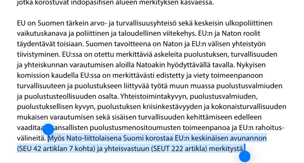 Hei, pitää argumentoida oikeilla faktoilla! SDP:n <a href="/TyttiTup/">Tytti Tuppurainen</a> väittää Ylen suorassa lähetyksessä, että ajankohtaisselonteosta puuttuu maininta EU:n 42.7 artiklasta. Selonteossa kuitenkin todetaan näin: