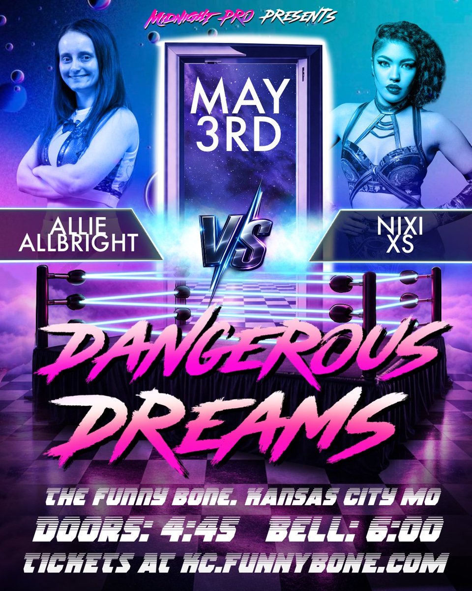 MidnightProKC's tweet photo. Newcomer to the KC scene, Allie Allbright takes on Nixi XS. 
Will Allie make a memorable first impression? 
Or will the Versace of Violence knock Allie out of her spotlight? 

We’ll see you at MIDNIGHT.

Doors: 4:45  Bell: 6:00
@nixi_pw
@alliewrestles https://t.co/oRuxYfFu1M