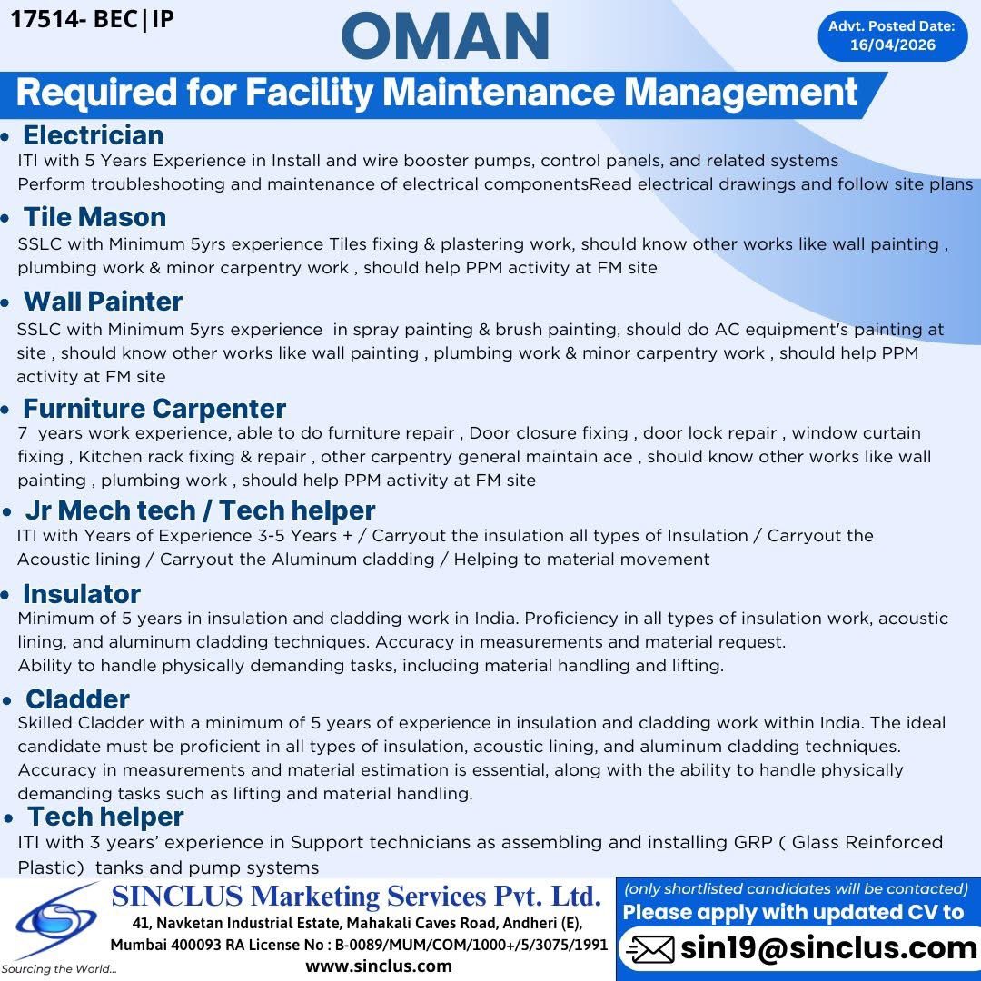 gulfjob8's tweet image. 🚨 Hiring for Facility Maintenance Management – Oman 🇴🇲

If you have relevant experience and are ready for an overseas opportunity, apply now! ✈️

📩 Send your updated CV to: sin19@sinclus.com

#OmanJobs #GulfJobs #FacilityManagement #HiringNow #OverseasJobs 🌍