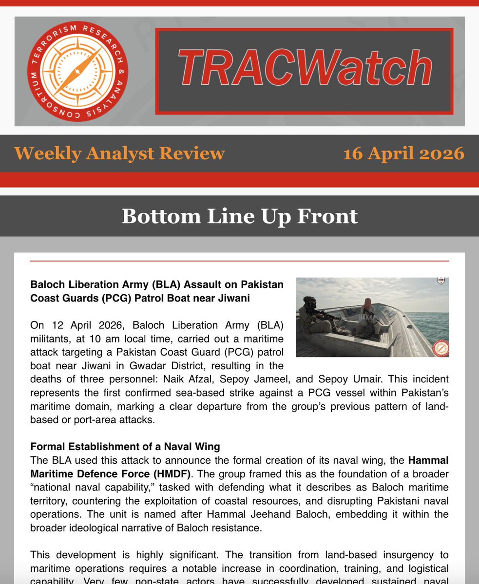 TracTerrorism's tweet image. TRACWatch Weekly Analyst Review | 16 April 2026 
🚨#BLA escalates with maritime strike + #naval ambitions 
🚨#ISKP resurges with sectarian attacks across #Af-#Pak
🚨#Nigeria: Dogo Gide-linked massacre signals growing #bandit threats
🚨Burkina Faso: High-value #JNIM emir