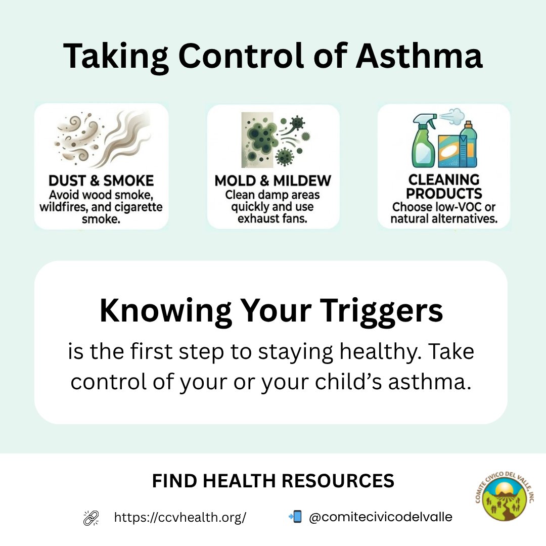 ccvhealth's tweet photo. Dust, smoke, mold, and even cleaning products can trigger asthma. Knowing what affects you or your child is the first step to staying healthy. Talk to your doctor and take control with Respira Sano.
🔗 https://t.co/vbvfoznRpx https://t.co/pXpTCcyoCv