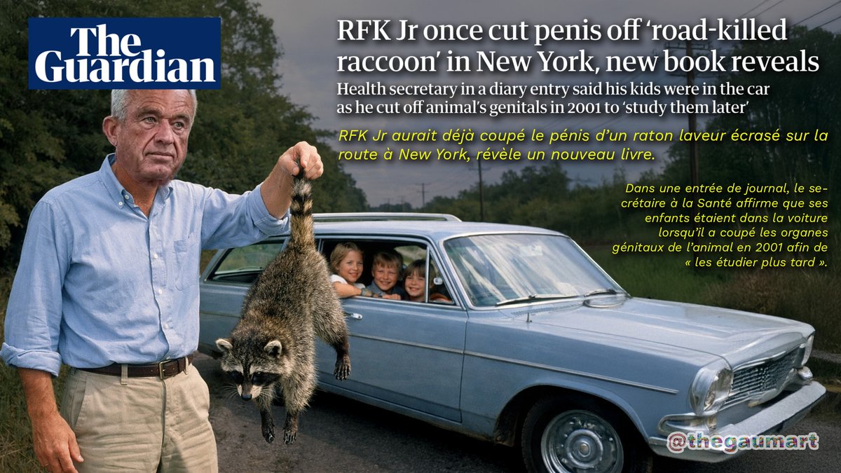 thegaumart's tweet photo. Robert F. Kennedy Jr. est Secrétaire du Département de la Santé et des Services sociaux aux États-Unis... Oui, oui.
#maillet #rfk #raccoon #trumpards #TANTRUMp #theworm
Article: https://t.co/mdMZzbUZc3 https://t.co/h9b1T4L2Yn