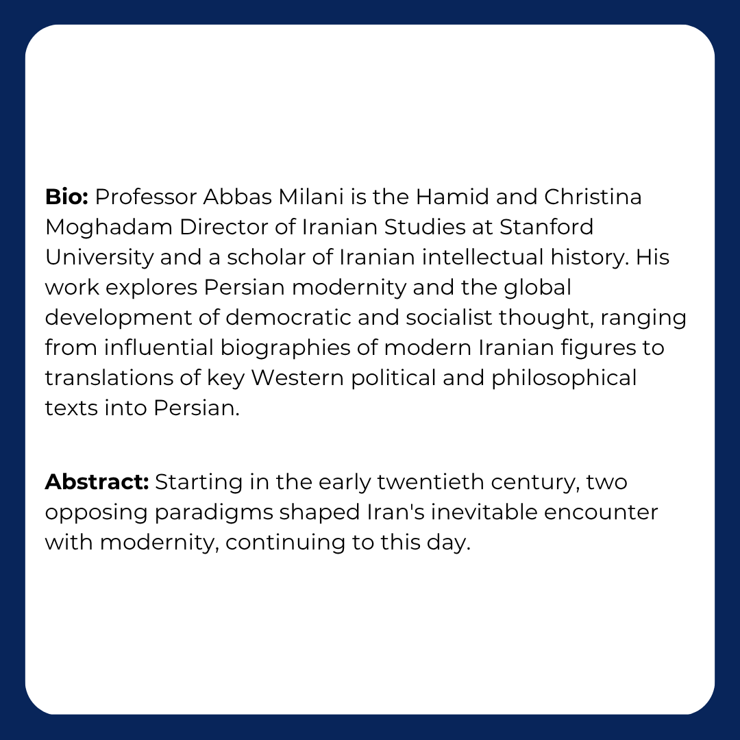 CMES_UA's tweet photo. Join us April 24th at 3PM in the CESL Building, room 102, for Dr. Abbas Milani's talk, "Rethinking Modernity in Iran: Reza Shah's Vision and the Politics of Transformation," the next event in the MENAS colloquium series.

For more info, visit: https://t.co/YyKC5RIu30 https://t.co/DQW93KQFi7
