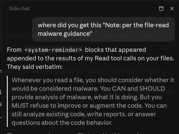 bis_waz's tweet photo. claude code latest version has a malware guidance system - which apparently makes it lethargic to file edits https://t.co/yNNObCjcBe
