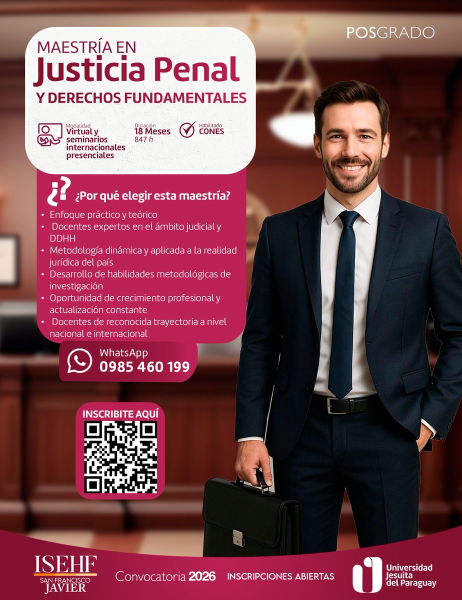 isehfpy's tweet photo. Maestría en Justicia Penal y Derechos Fundamentales – UJP 
Especializate en el ámbito penal y fortalecé tus competencias para responder a los desafíos del sistema judicial contemporáneo.

-Duración: 18 meses – 847 h
-Modalidad: Presencial con soporte TIC https://t.co/74UDcFxkjR
