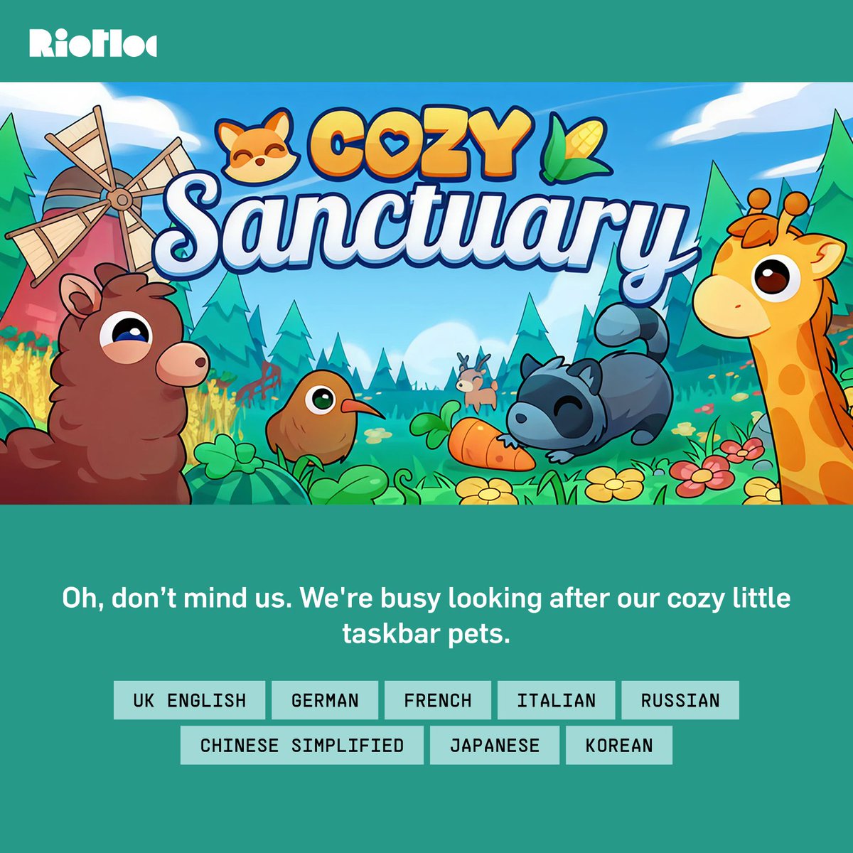 riotloc's tweet photo. Oh, don’t mind us. We're busy looking after our cozy little taskbar pets.
Happy release day, @OP_Team_ and @Isolated_Games!
Cozy Sanctuary is now available on Steam with the English loca edited by Riotloc and our localization into seven more languages! https://t.co/5YzTRqROTL