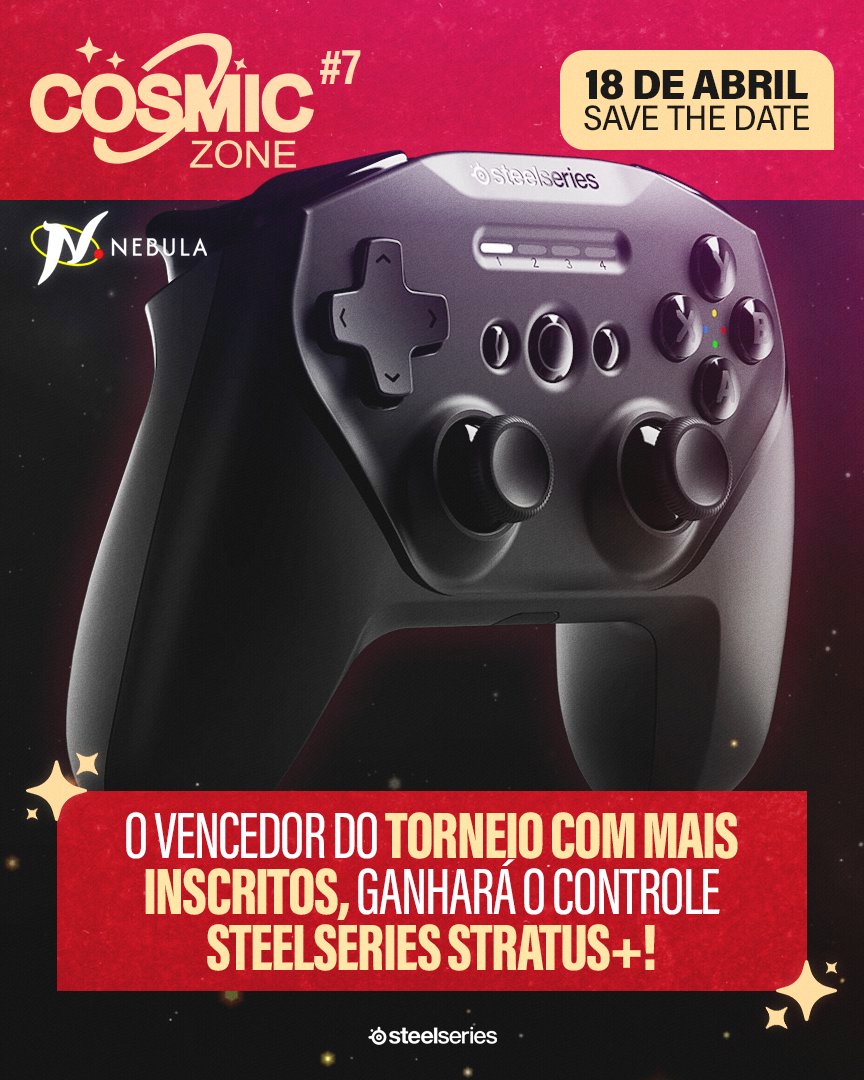 ÚLTIMAS HORAS PARA SE INSCREVER NO COSMIC ZONE #7 🕐💫

O próximo encontro cósmico já está quase entre nós, não fique de fora!

Gostaríamos da anunciar mais uma novidade: o vencedor do torneio com mais inscritos no sábado levará para casa o controle SteelSeries Stratus+! Mais um
