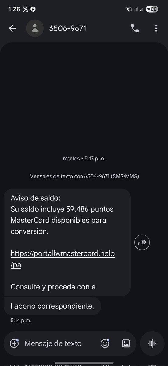 He1n4n's tweet photo. @policiadepanama @AcodecoPma @AsepPanama 
Aviso de saldo:
Su saldo incluye 59.486 puntos MasterCard disponibles para conversion.

https://t.co/GTAoNSvKuB

Consulte y proceda con e
l abono correspondiente.
*Posible estafa*
Envian sms 
Desde ese # 6506-9671 https://t.co/f2RMN5dNcW