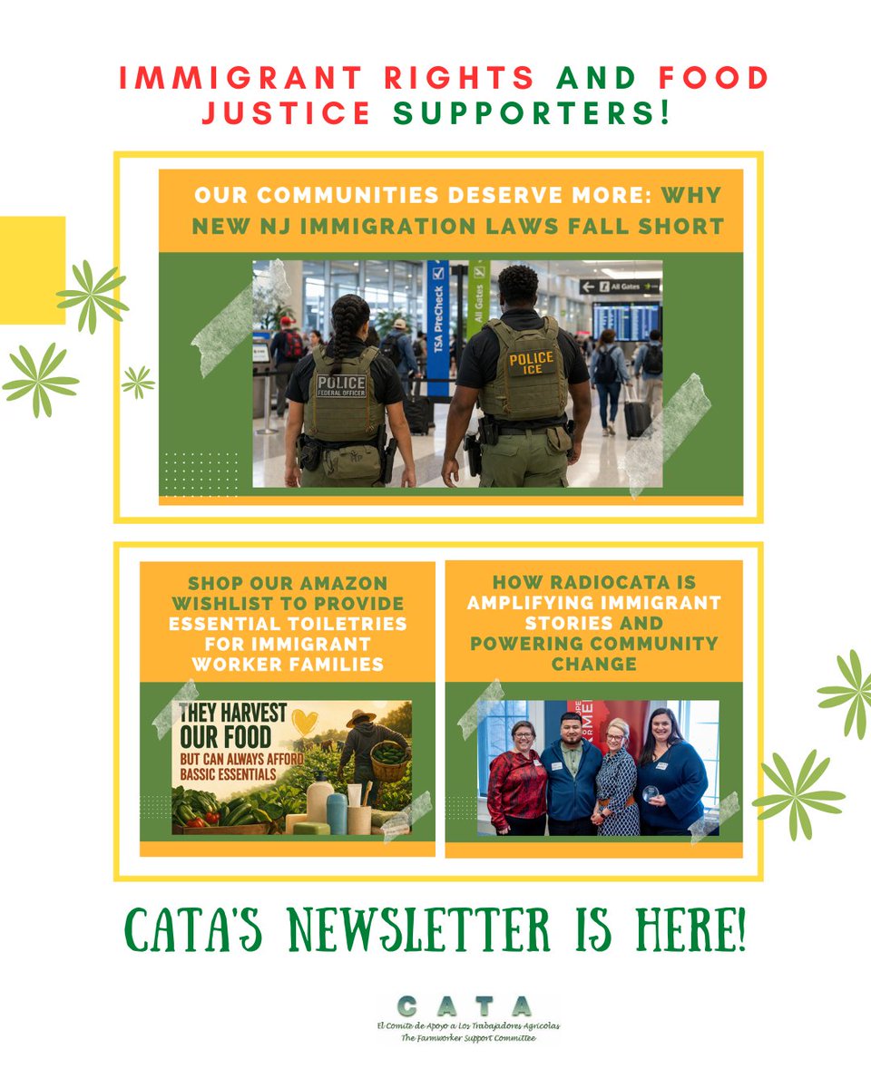 CATAMigrantes's tweet photo. What’s happening in our communities—and how you can help. In our latest newsletter: NJ laws fall short, support workers via our Amazon Wishlist, 📻 RadioCATA builds power, ✊🏽 stand with workers this May Day.
👉 Read: https://t.co/SmuIZuJpXI 📩 Subscribe: https://t.co/0EzhShpj8z https://t.co/NrzxIiDZ85