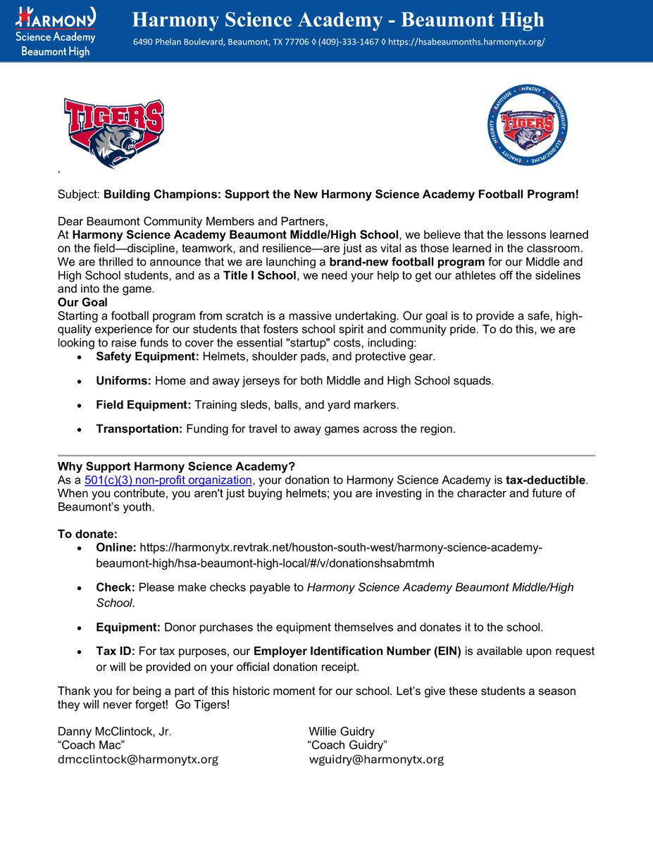 We are looking to start football next school year and we are looking for some help. If you or your company can help out, please let me know.  If not, please share.  Thank you all for helping out our student athletes at