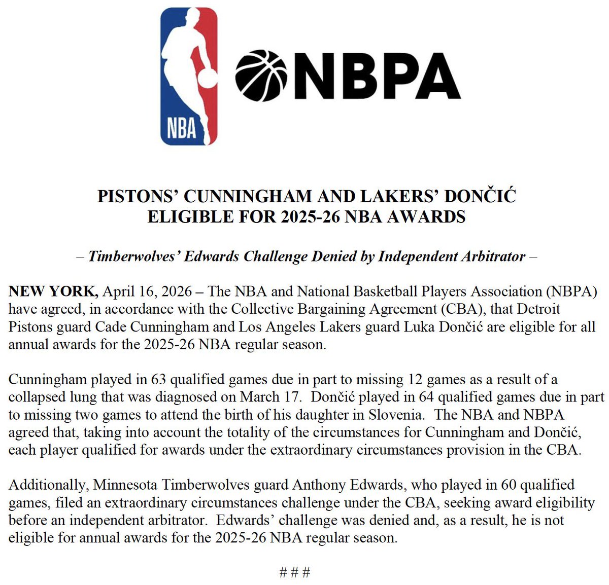 Luka Doncic is officially eligible for NBA awards.