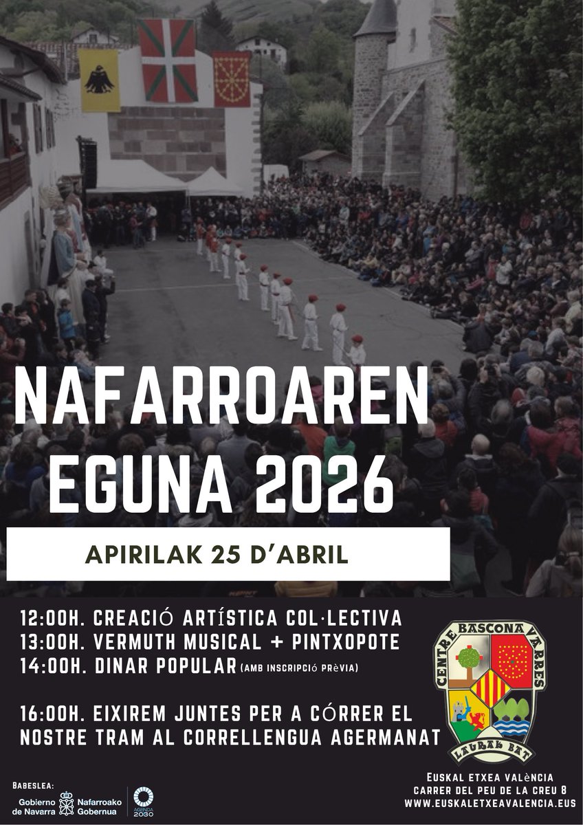 Laurakbat1's tweet photo. 🌀Apirilaren 25ean Nafarroako Batasunaren Eguna ospatuko dugu Euskal Etxean. Han elkartuko gara
🌀El 25 d'abril celebrem Diada i el Dia de la Unitat Navarresa en l'Euskal Etxea. Després anirem juntes al Correllengua
✅Elkar ikusiko dugu!
#NafarroarenEguna #Baigorri #Correllengua https://t.co/DpYpZekcmH