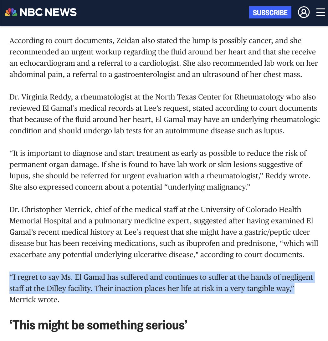 NBC News cites doctors:

"I regret to say Ms. El Gamal has suffered and continues to suffer at the hands of negligent staff at the Dilley facility. Their inaction places her life at risk in a very tangible way."

Please raise your voices to demand release of the El Gamal family!