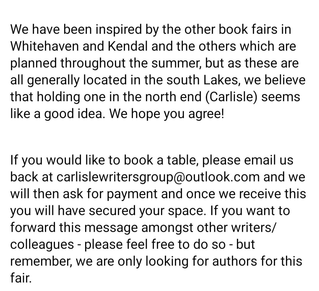 CarlisleWriters's tweet image. BOOK FAIR! We are hosting a book fair! In time for that Christmas Market in the celestial city itself, Carlisle! Email for more details carlislewritersgroup@outlook.com 
#bookfair #authors #indieauthors #selfpublishing #indiepress