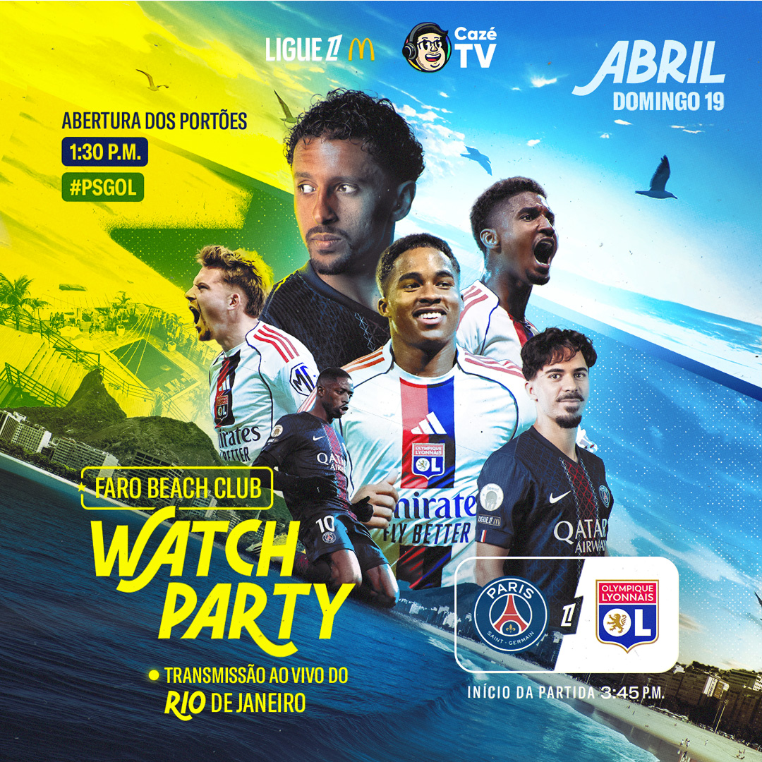 Domingo é dia de jogão contra o PSG, e vai rolar Watch Party desse clássico no Rio de Janeiro 🏖️

O craque Michel Bastos já é presença garantida, então aproveita e cola você também no Faro Beach Club. Nos vemos lá! 🔜🇧🇷