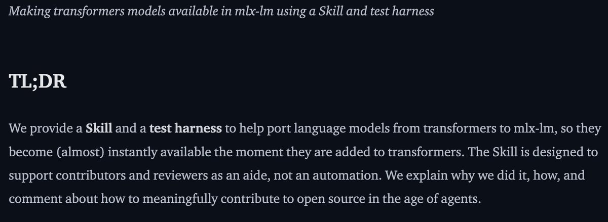 awnihannun's tweet photo. Great blogpost from @pcuenq on making a new skill + test harness to automate porting new models from Transformers to mlx-lm https://t.co/WOWDSs7Mxk