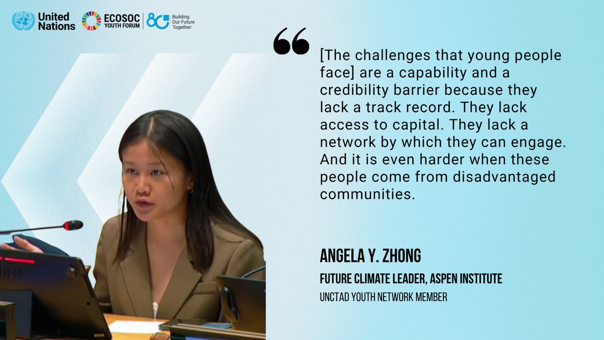 UNCTADYouth's tweet image. At the #ECOSOCYouthForum2026, UNCTAD Youth joined the session on #SDG9 covering the challenges faced by young entrepreneurs, the digital divide, and how to meaningfully include young people.

Here are some messages from our two UNCTAD youth speakers.

#UNCTADYouth #GlobalGoals