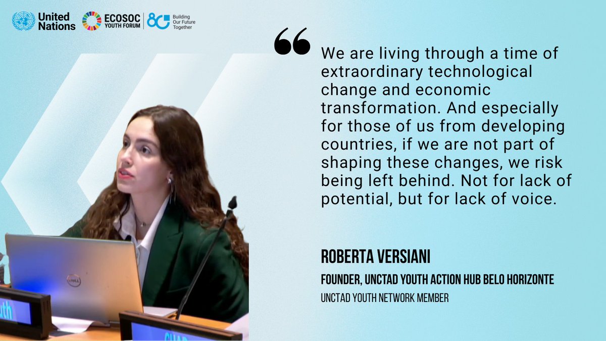 UNCTADYouth's tweet image. At the #ECOSOCYouthForum2026, UNCTAD Youth joined the session on #SDG9 covering the challenges faced by young entrepreneurs, the digital divide, and how to meaningfully include young people.

Here are some messages from our two UNCTAD youth speakers.

#UNCTADYouth #GlobalGoals