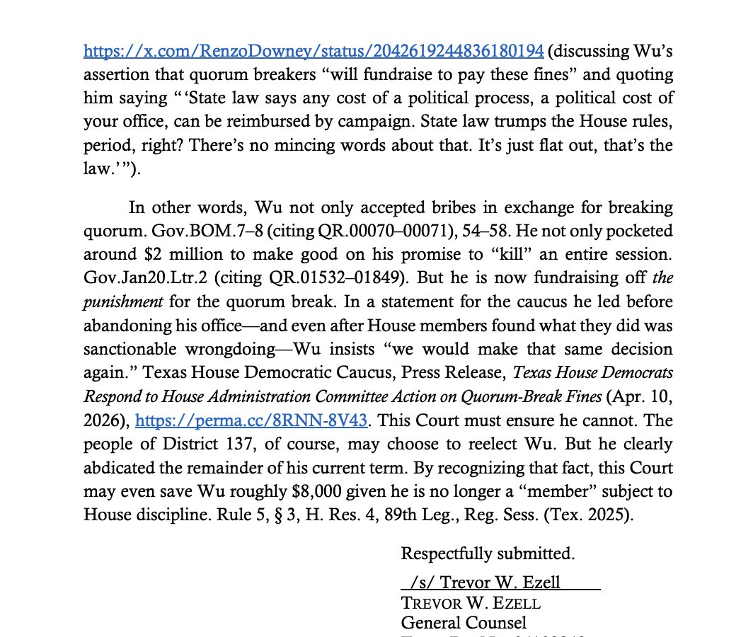 bradj_TX's tweet image. .@GregAbbott_TX's general counsel Trevor Ezell submitted the following letter in the lingering quo warranto case against @GeneforTexas, asking the court to declare Wu's seat vacant bc of the quorum break. #txlege 

Ezell refers to Wu's comments about the recent $8k House Admin