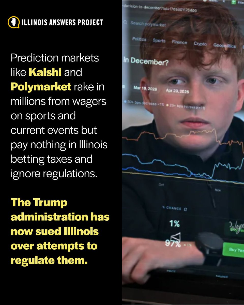 IllinoisAnswers's tweet image. What's going on with #Polymarket and #Kalshi in #Illinois? At the moment, @realDonaldTrump's administration is suing the state to block attempts to regulate the prediction market platforms. Read our reporting here: bit.ly/4tmJc7w

Our reporter, Casey Toner, joins