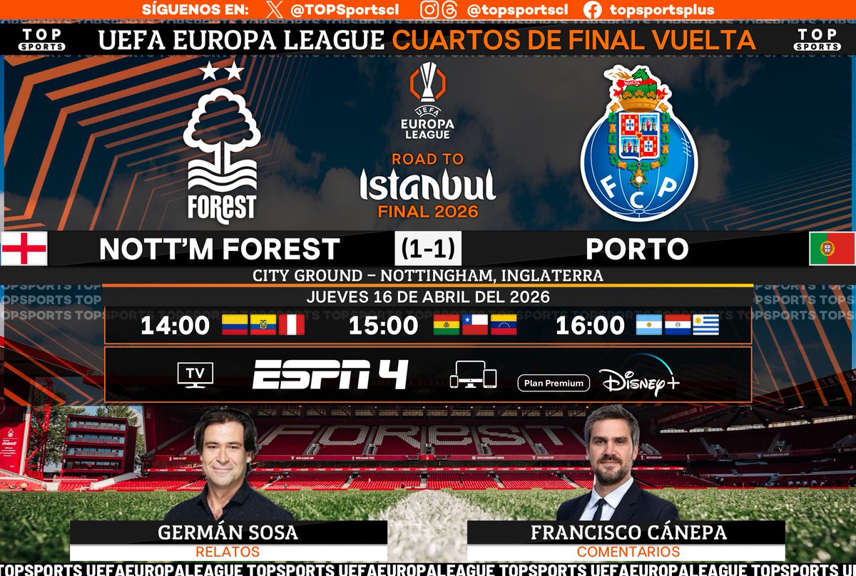 TOPSportscl's tweet image. UEFA #EuropaLeague 🏆 Cuartos de final vuelta
🏴󠁧󠁢󠁥󠁮󠁧󠁿 #NottinghamForest - #Porto 🇵🇹

🎙️ Relatos: @GermanSosaEspn 
🗣️ Comentarios: @francanepa1 

#⃣ #UELxESPN #DisneyPlus - #UEL
🖥️ ESPN 4 Sudamérica
📱💻 @disneyplusla (Plan premium)
🔃❤️