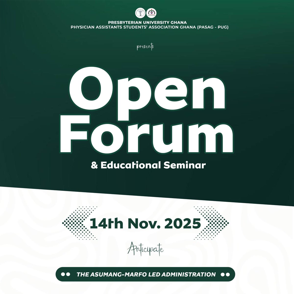 🩺PASAG🇦🇹PRESBYTERIAN UNIVERSITY GHANA (PASAG-PUG)🇬🇭🩺
➖➖➖➖➖➖➖➖
🚨 *OPEN FORUM AND EDUCATIONAL SEMINAR* 🚨
°°°°°°°°°°°°°°°°°°°°°°°°°°°°°°
 🗒️ 8TH NOVEMBER , 2025.

Anticipate ♻️♻️