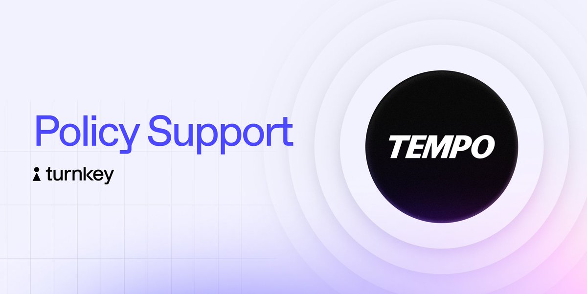 turnkeyhq's tweet photo. Turnkey is the first to support policy controls for @tempo transactions!

Teams across payments, treasury, and onchain operations can now enable built-in guardrails from day one. https://t.co/VedJA4V4ej