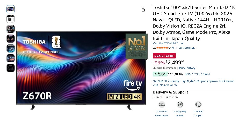 StelletDeals's tweet image. 📺 Toshiba 100" Mini-LED 144Hz por US$ 2.499,99 (de 4k)! Dolby Vision IQ, Atmos, Game Mode. amzn.to/4tQZXrw #TV #Deals #Toshiba