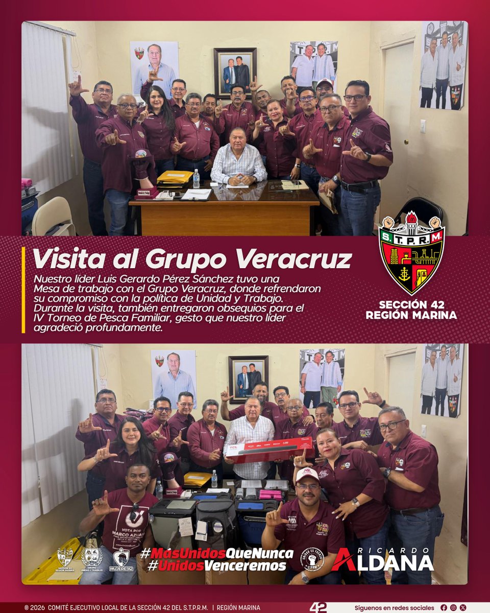 El día de ayer miércoles, nuestro líder Luis Gerardo Pérez Sánchez sostuvo una mesa de trabajo con las compañeras y compañeros integrantes del Grupo Veracruz, en la que se abordaron temas inherentes a las condiciones actuales de trabajo y al fortalecimiento de nuestra vida