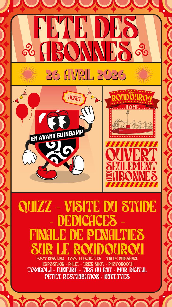 EAGuingamp's tweet photo. Le dimanche 26 avril, rendez-vous à Roudourou pour la 2e fête des abonnés ❤️‍🔥🖤

Animations, concours de tirs au but, visite du stade, tombola, braderie, restauration… de 11h à 17h30, venez profiter de la journée en famille ou entre amis.

#TeamEAG #WarRaok

➕ d’infos ⤵️