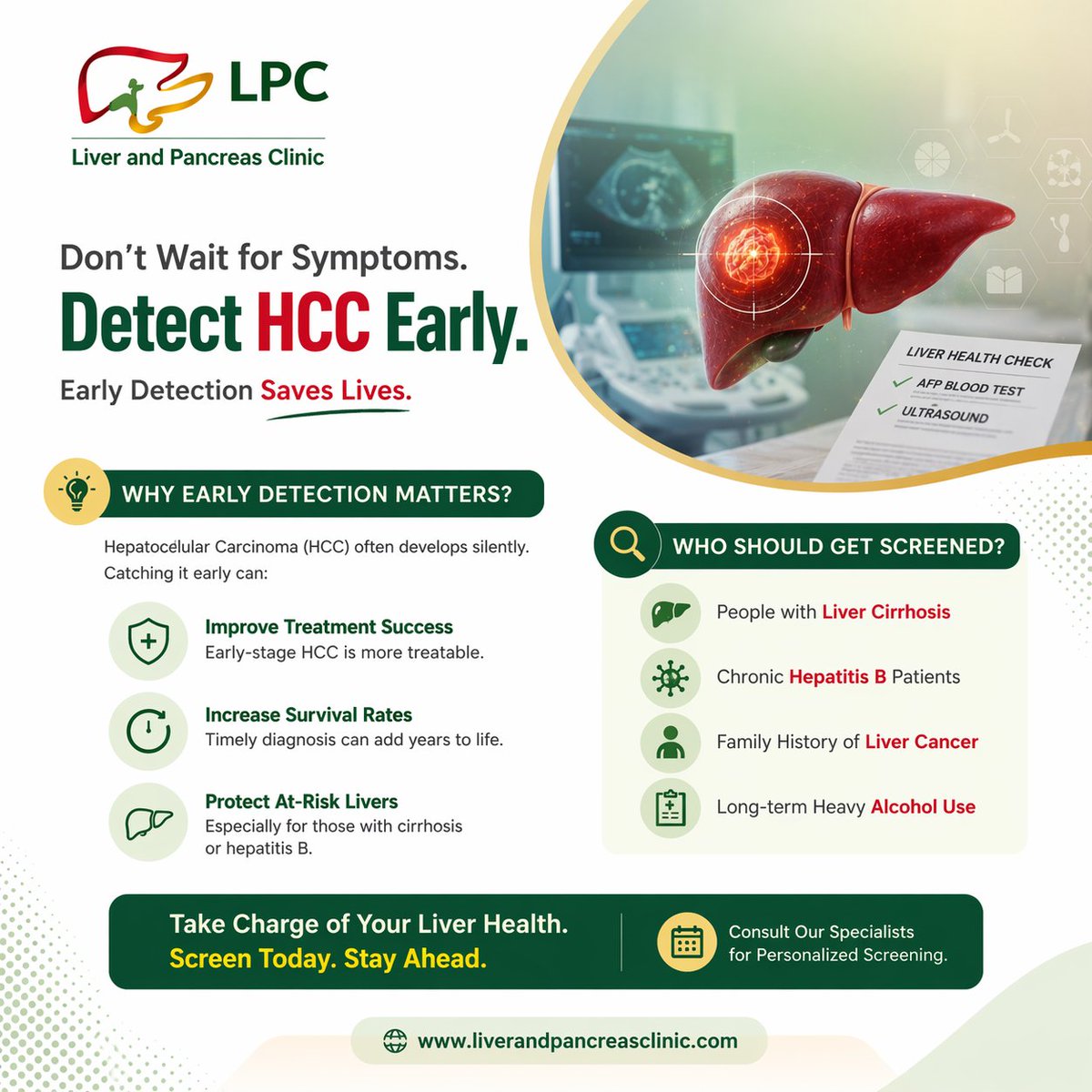 lpcmumbai's tweet image. 🚨 Detect HCC Early
Liver cancer can develop silently. If you have cirrhosis, Hepatitis B, or high-risk factors, regular screening is crucial.

Early detection saves lives.
🌐 liverandpancreasclinic.com

#LiverCancer #HCC #LiverSurgeon #PancreasSurgeon #HPBSurgeon #LiverSurgeon #LPC